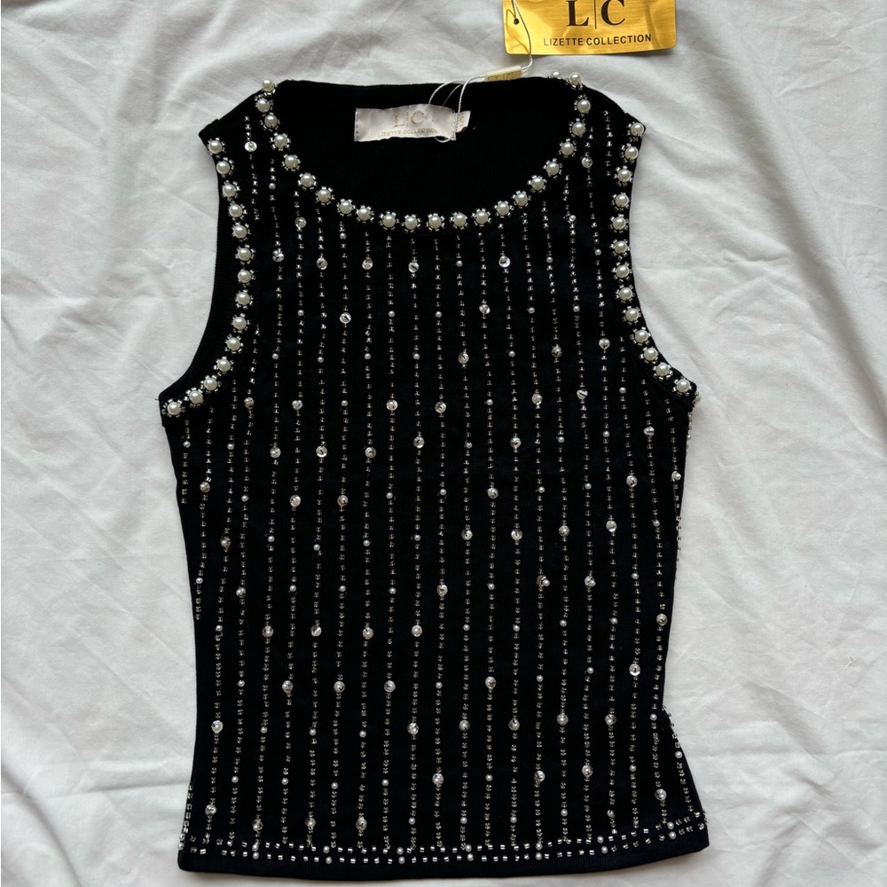 no comment from macy’s black pearl sequin bead ribbed tank top